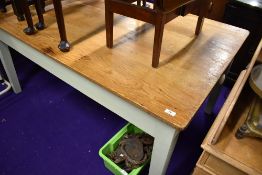 A traditional pine top kitchen table with stained top and painted frame, drawer to end, approx.