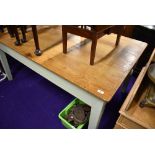 A traditional pine top kitchen table with stained top and painted frame, drawer to end, approx.