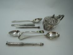 A small selection of HM silver and white metal including a mustard pot, teaspoons, propelling