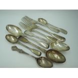 A selection of Georgian silver flatware including dessert & tea spoons and forks of fiddle back form