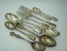 A selection of Georgian silver flatware including dessert & tea spoons and forks of fiddle back form