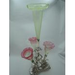 A Victorian silver plated table centre epergne having central vaseline glass trumpet vase surrounded