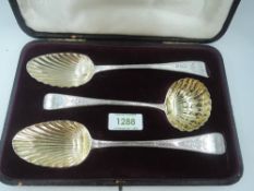 A cased trio of silver fruit spoons comprising of two table spoons and a sifting spoon, all having