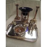 A selection of Sheffield plate including gallery tray, pair of candle sticks of Corinthian style,