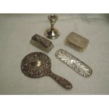 A selection of HM silver including clothes brush, hand mirror, trinket dish and tray and small