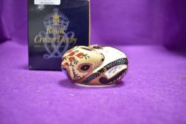 A ceramic Royal Crown Derby paper weight or figure of a Country mouse having gold stopper and box