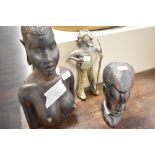 Two African ethnic wood carved tribal figures and a similar cast brass figure