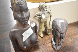 Two African ethnic wood carved tribal figures and a similar cast brass figure