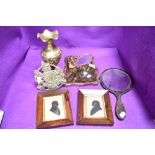 A turtle shell style dressing table set and two Victorian silhouettes