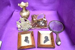 A turtle shell style dressing table set and two Victorian silhouettes