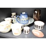 A selection of ceramics including Bunnykins Jasper ware red ground dish and Bentham Pottery