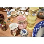 A selection of ceramics including yellow glaze lustre water jug by Maling ware