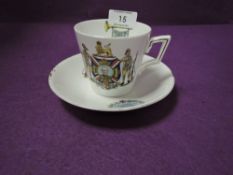 A tea cup and saucer by Foley China decorated with supporters of the colonies