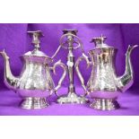 A three branch candelabra and plated tea and coffee pots