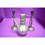 A Norway pewter Mastad tea or coffee pot and a pair of twist stem candle sticks