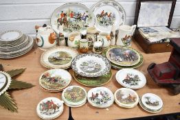 A selection of fox hunting and game sport ceramics including Sadler teapot and similar plates