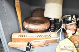 A selection of treen wood items including incense items and turned lamp base