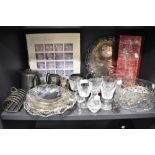 A selection of glass and metal wares including pink art glass vase wine glasses and fruit bowl