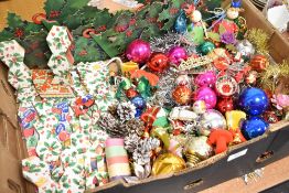 A selection of vintage paper, glass and similar Christmas decorations