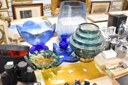 A selection of colour art glass including large blue bubble vase and amber glass dish