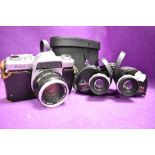 A pair of Greenkat De Luxe 8x40 binoculars and a Kowa film camera both having cases