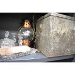 A cut glass dressing table set a biscuit tin and a copper bodied lantern