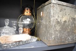 A cut glass dressing table set a biscuit tin and a copper bodied lantern