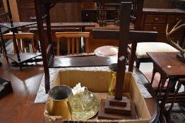 A selection of Ecclesiastical items, including Oak crucifix and brass altar items