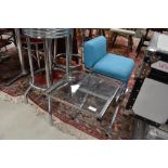 A vintage chrome and glass telephone seat, aquamarine vinyl seat