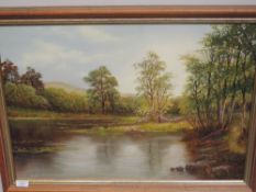 An oil painting on board, Alan Thomason, Boretree Tarn Rusland, signed abd attributed verso, 45 x