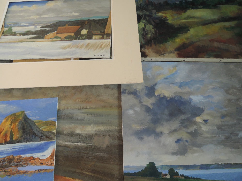 Five oil paintings, Albert Dickens, landscapes, inc , winter farmstead, 25 x 34cm