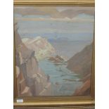 An oil painting, attributed to Theodore Howard Somervell, Climbing on Skye, attributed verso, 50 x