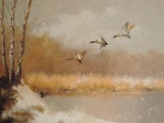 An oil painting, Pelium, ducks in flight, indistinctly signed, 60 x 90cm, plus frame