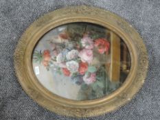 An oval painting under glass, still life, 44 x 37cm, (af)