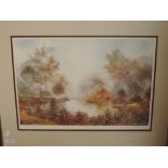 A print, after, Anthony Waller, misty pond, signed, 36 x 52cm, plus frame and glazed