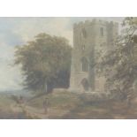 An oil painting, attributed to James Peel, Penuntham Church near Preston, 24 x 39cm, plus frame