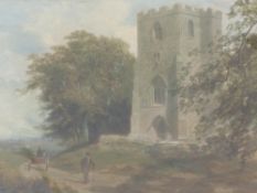 An oil painting, attributed to James Peel, Penuntham Church near Preston, 24 x 39cm, plus frame