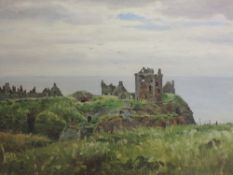 An oil painting, Dunnottar Castle, Kincardineshire, indistinctly signed, 24 x 43cm, plus frame and