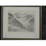 A print, after Alfred Wainwright, Langstrath, signed, 17 x 20cm, plus frame and glazed