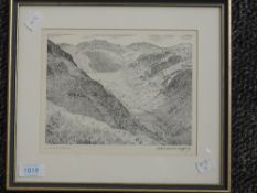 A print, after Alfred Wainwright, Langstrath, signed, 17 x 20cm, plus frame and glazed