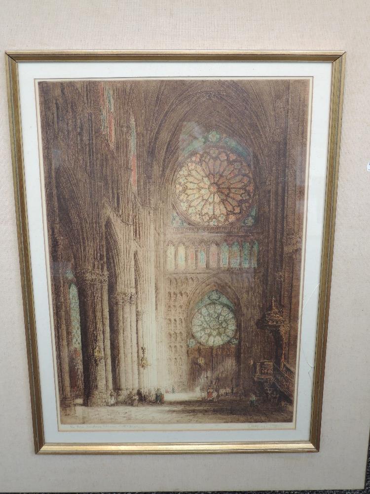 A print, after J Alphege, The Rose Windows, Rheims Cathedral, signed, 60 x40cm, plus frame and