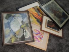 Five oil paintings, Albert Dickens, various, inc pink/purple, 20 x 20cm, plus frame and glazed