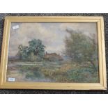 A watercolour, S Grant Rowe, Surrey farmstead and mill pond, signed, 35 x 49cm, plus frame and