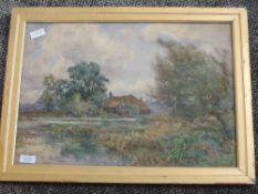 A watercolour, S Grant Rowe, Surrey farmstead and mill pond, signed, 35 x 49cm, plus frame and