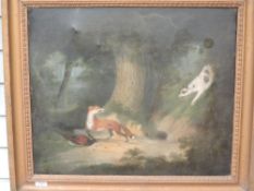 An oil painting, attributed to Hunt, woodland glade with wildlife tableau, attributed verso and