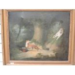 An oil painting, attributed to Hunt, woodland glade with wildlife tableau, attributed verso and