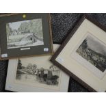 An etching, R B E Woodhouse, Newby Bridge, signed, 20 x 26cm, an engraving, Newby Bridge, C19th,