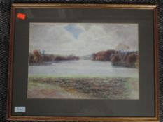 A watercolour, F Ogilby, lake landscape, indistinctly signed, and dated 1911, 25 x 37cm, plus