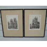 A pair of etchings, after Arthur Spence, Cathedrals, signed, 22 x 15cm, plus frame and glazed