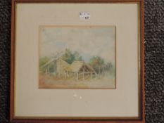 A watercolour, C E Wakefield, African Huts, signed, 14 x 17cm, plus frame and glazed, and a